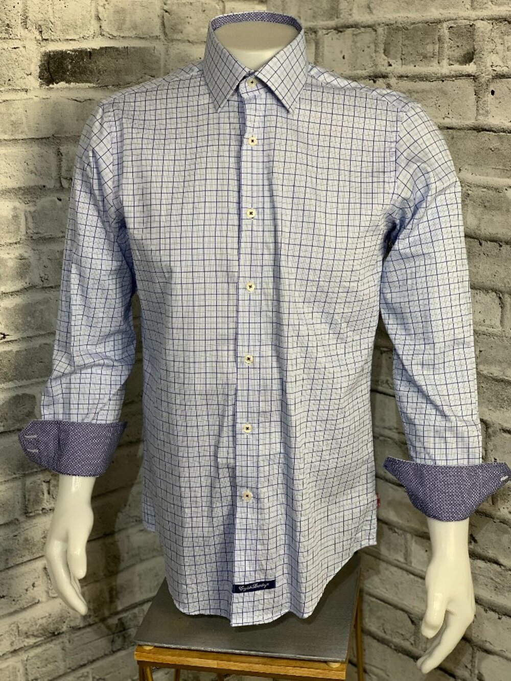 English Laundry Dress Shirt Mens 16 Blue Check Flip Cuff Long Sleeve Button Up